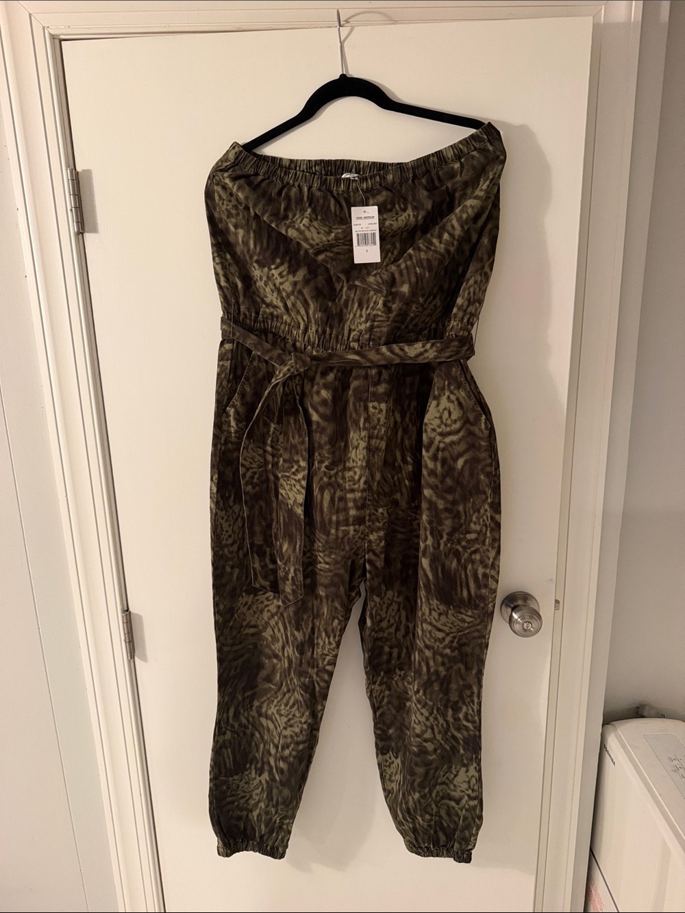 Good American Olive Green Printed Strapless Jumpsuit with Tie Waist